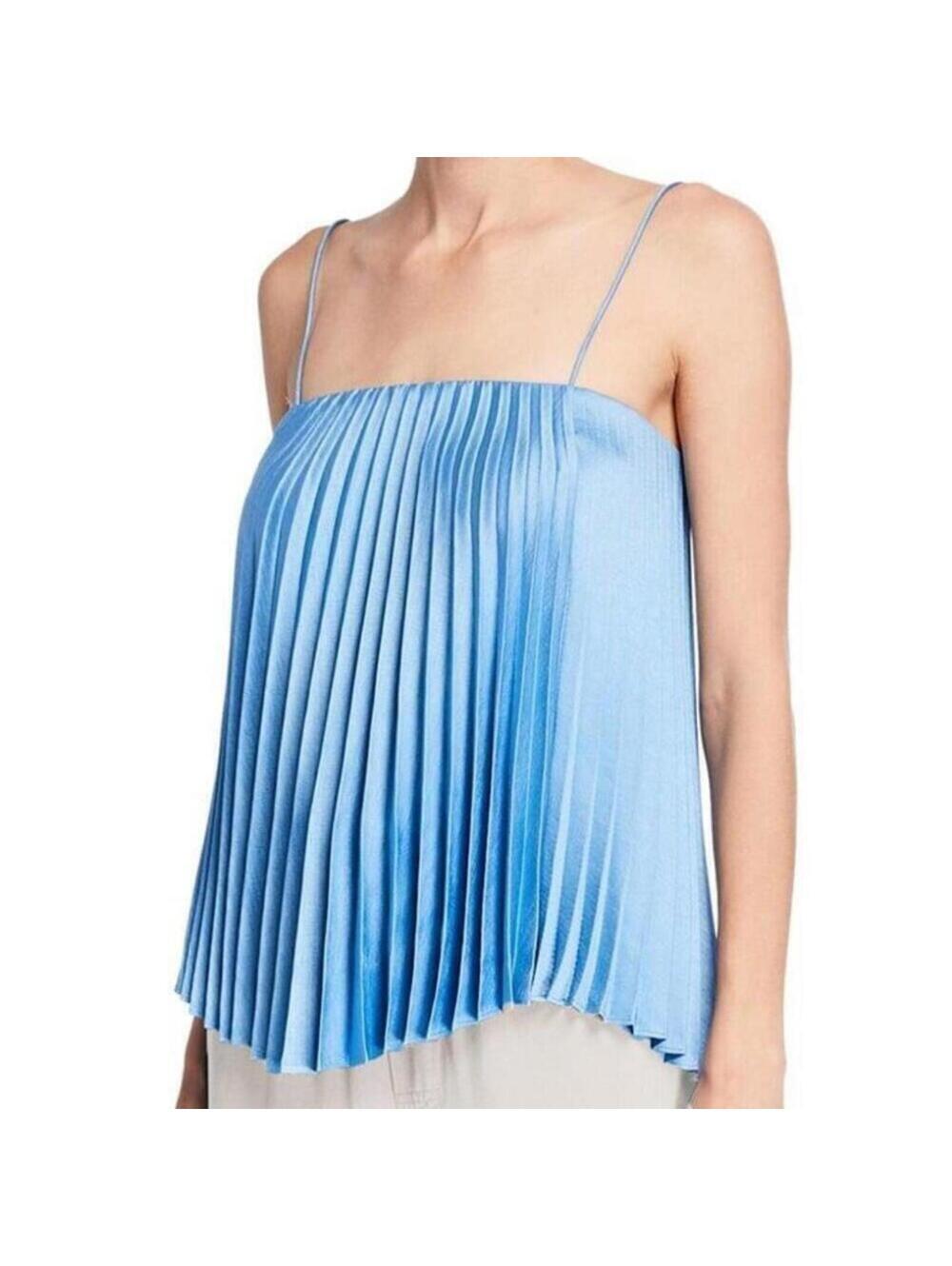Vince Blue Pleated Satin Square Neck Camisole Cami Top Large NWT Accordion